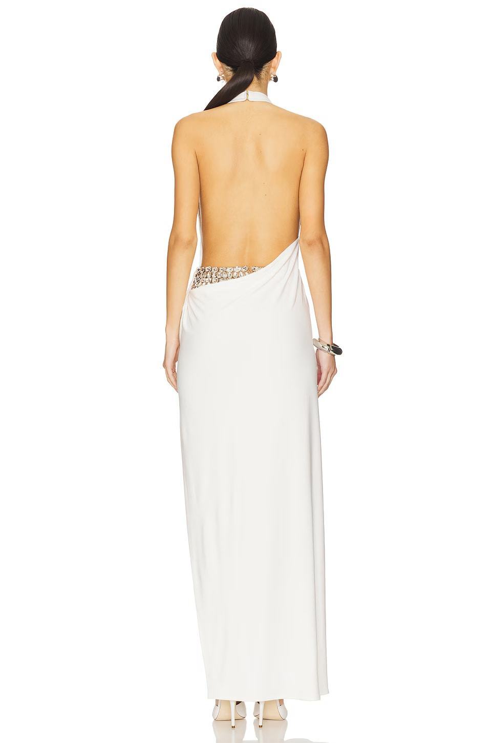 White Halter Backless Embellished Slit Maxi Gown