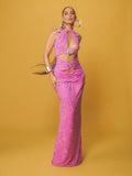 Luxury Hot Pink Rhinestone Halter Neck Cutout Evening Gown