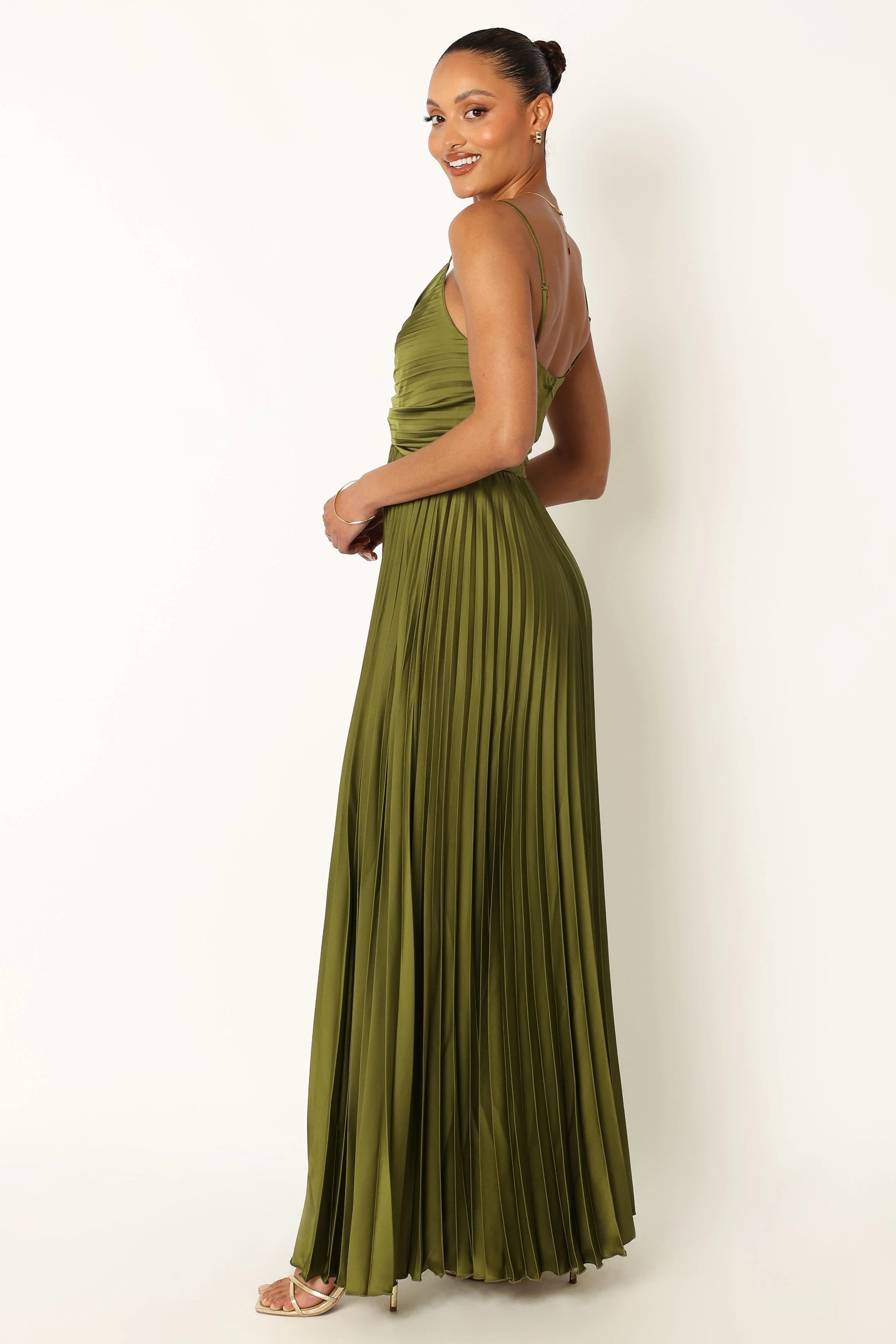 ladiesstreet Naira Pleated Maxi Dress - Palm Green thin adjustable straps soft feel partially lined 100% polyester Masquerade costumes