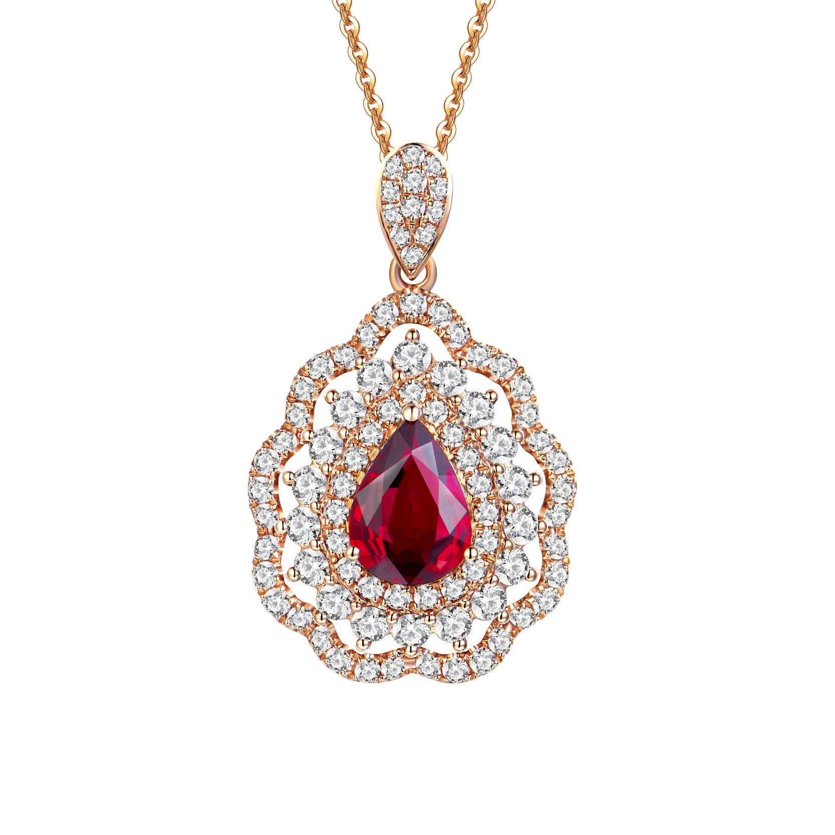 18K Rose Gold Ruby Diamond Pendant Necklace