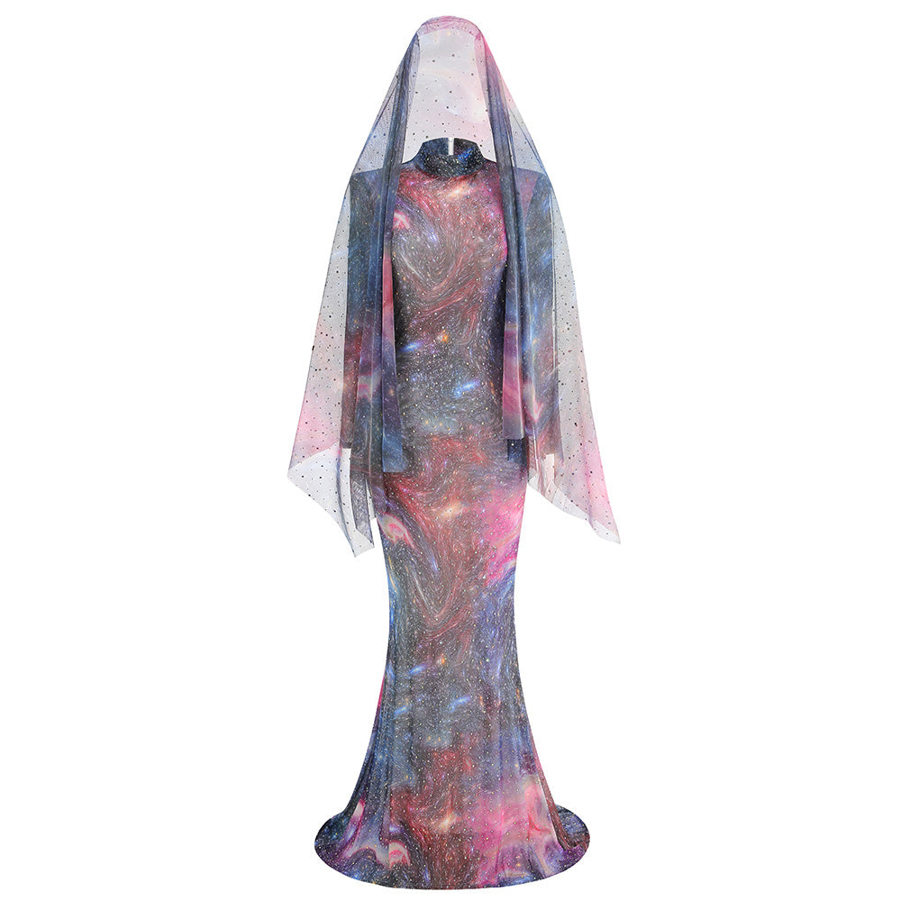 Cosmic Print Long-Sleeve Gown with Tulle Veil