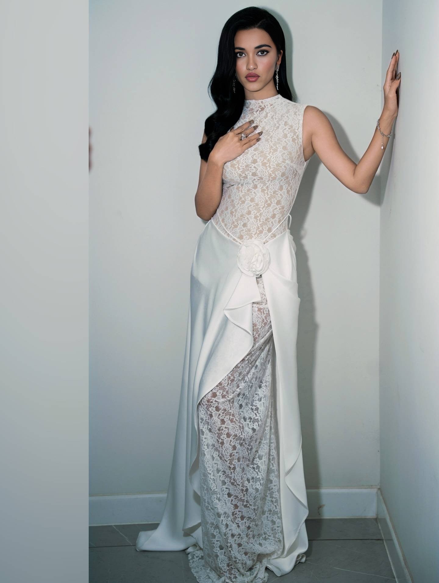 White Lace High-Neck Satin-Accent Evening Gown