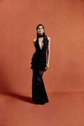 Black Satin A-line Evening Gown with Sweetheart Neckline & Crystals