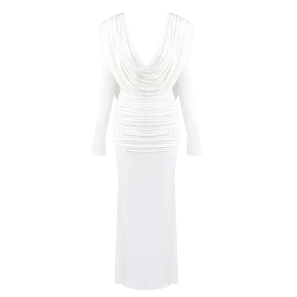 White Draped Cowl-Neck Mermaid Gown
