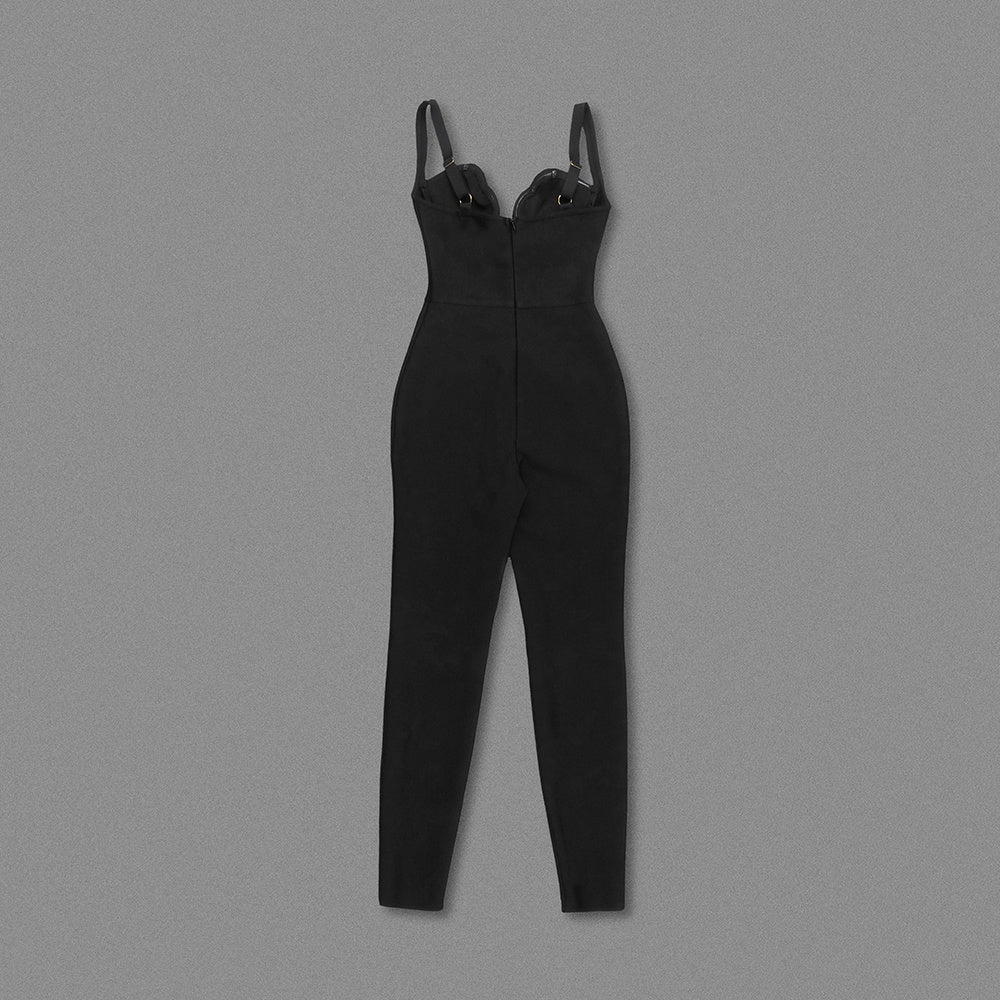 Black Structured Bustier Skinny Jumpsuit with Adjustable Straps