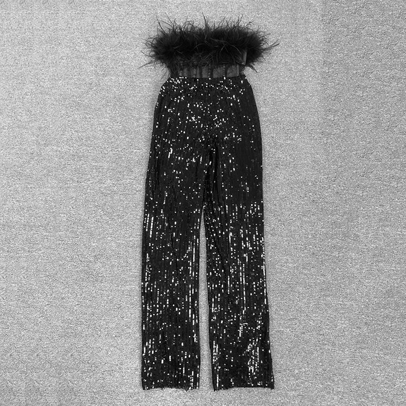 Black Feather-Trimmed Corset Top & Sequin Wide-Leg Pants Set with Crystal Belt