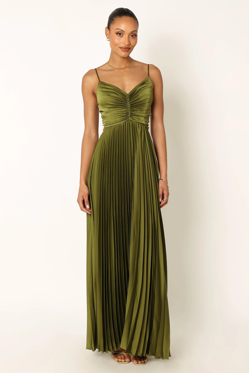 ladiesstreet Naira Pleated Maxi Dress - Palm Green thin adjustable straps soft feel partially lined 100% polyester Masquerade costumes