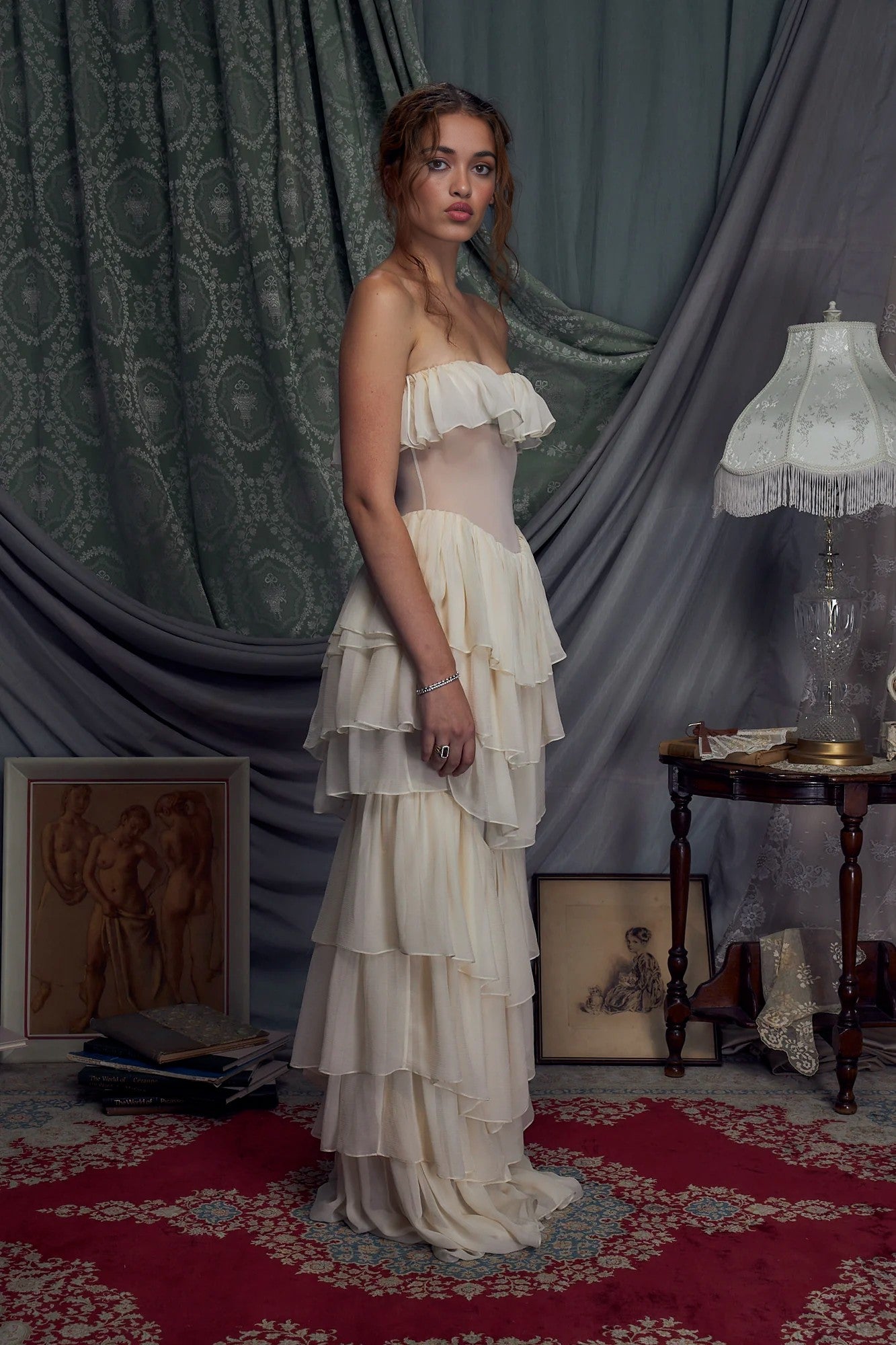 Vintage strapless satin corset-style tiered dress