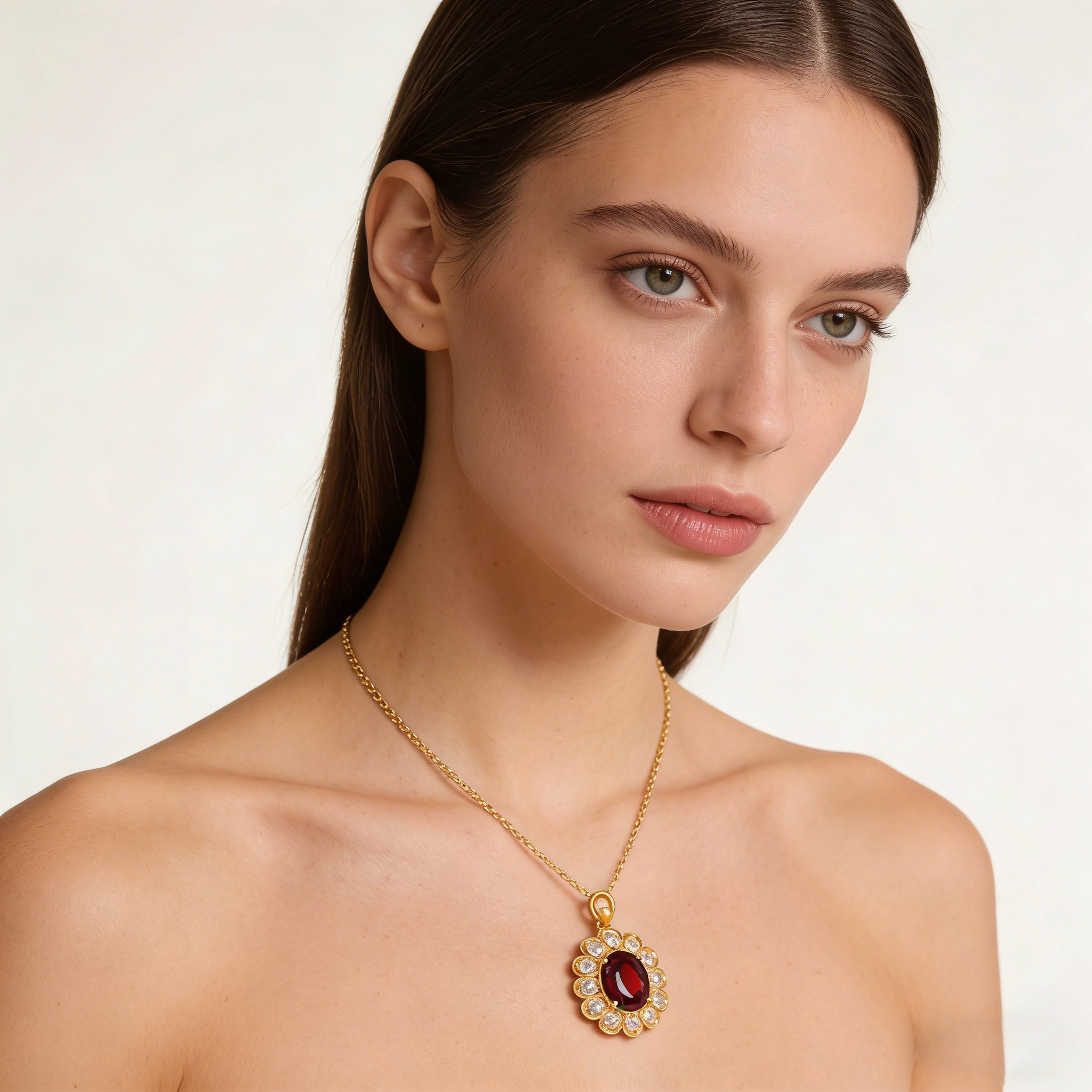 18K Yellow Gold Garnet Zircon Pendant Necklace