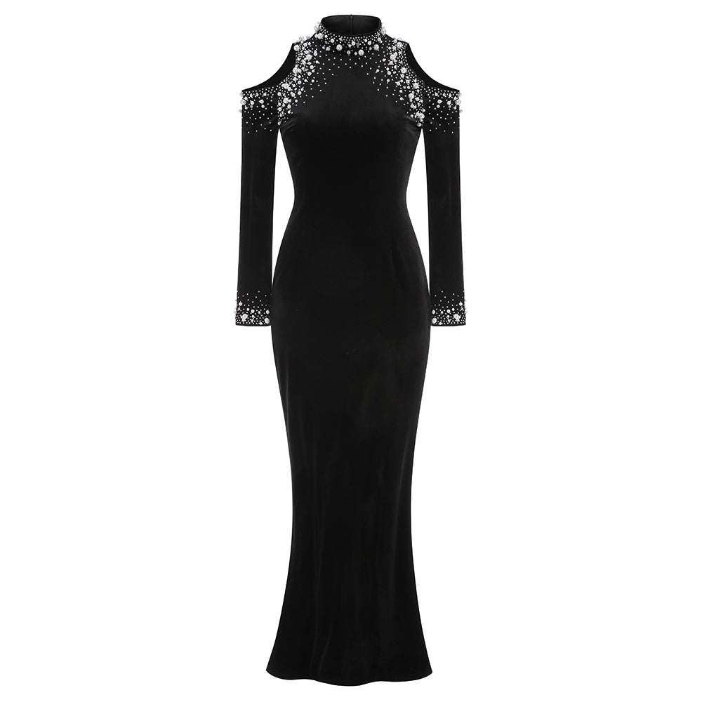 Black Velvet Cold-Shoulder Gown