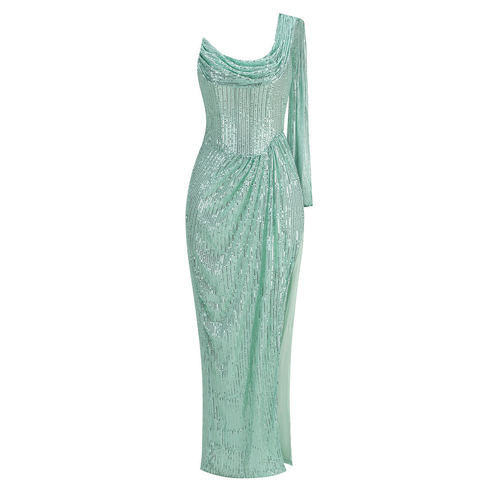 Mint Green Sequin Cowl-Neck Gown