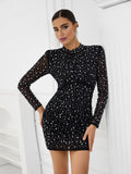 Luxury Crystal Embellished High Neck Ruched Mini Cocktail Dress