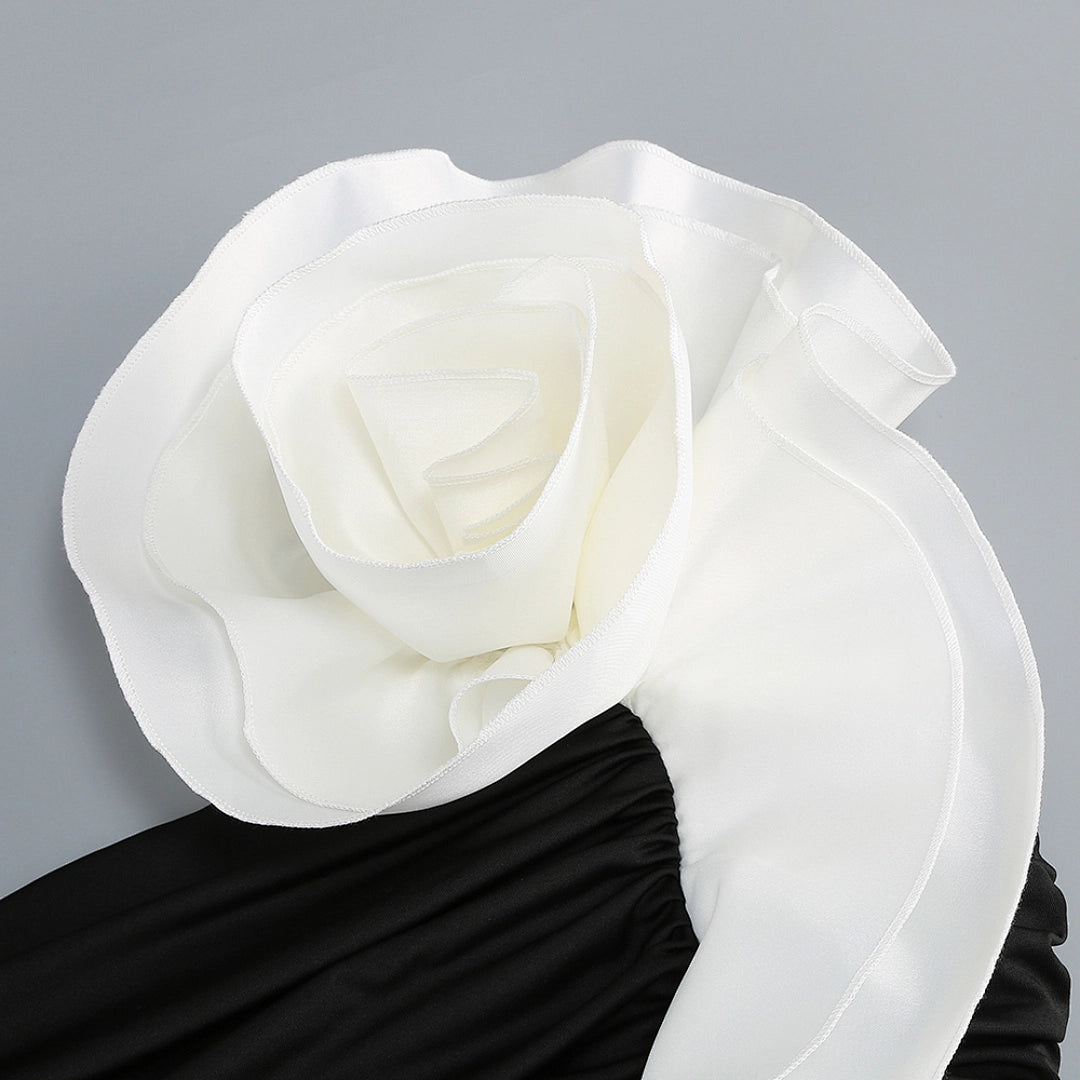 Black Satin A-Line Evening Gown with Sequin V-Neck & Chapel Train