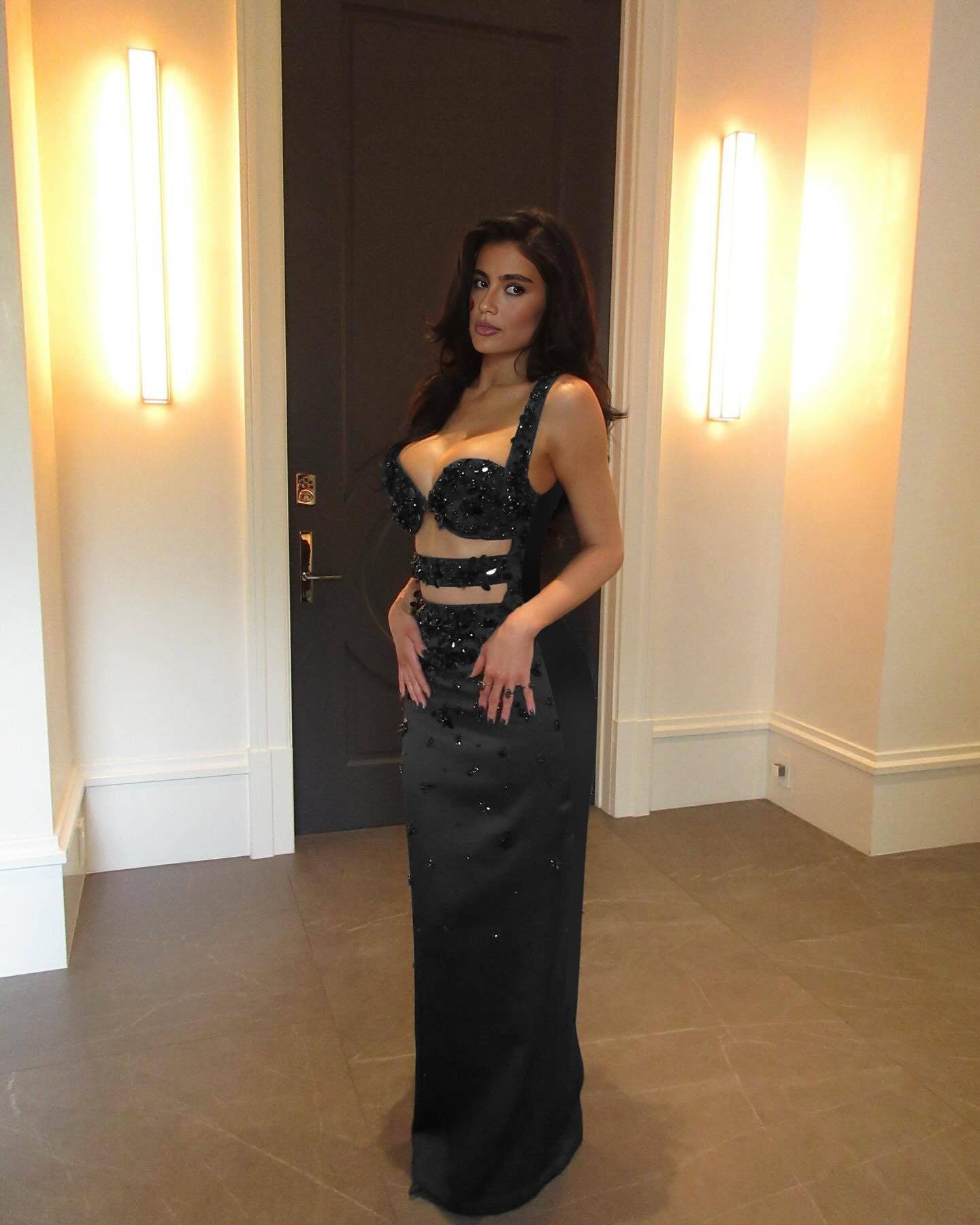 Luxury Black Satin Beaded Bustier Cutout Evening Gown Set