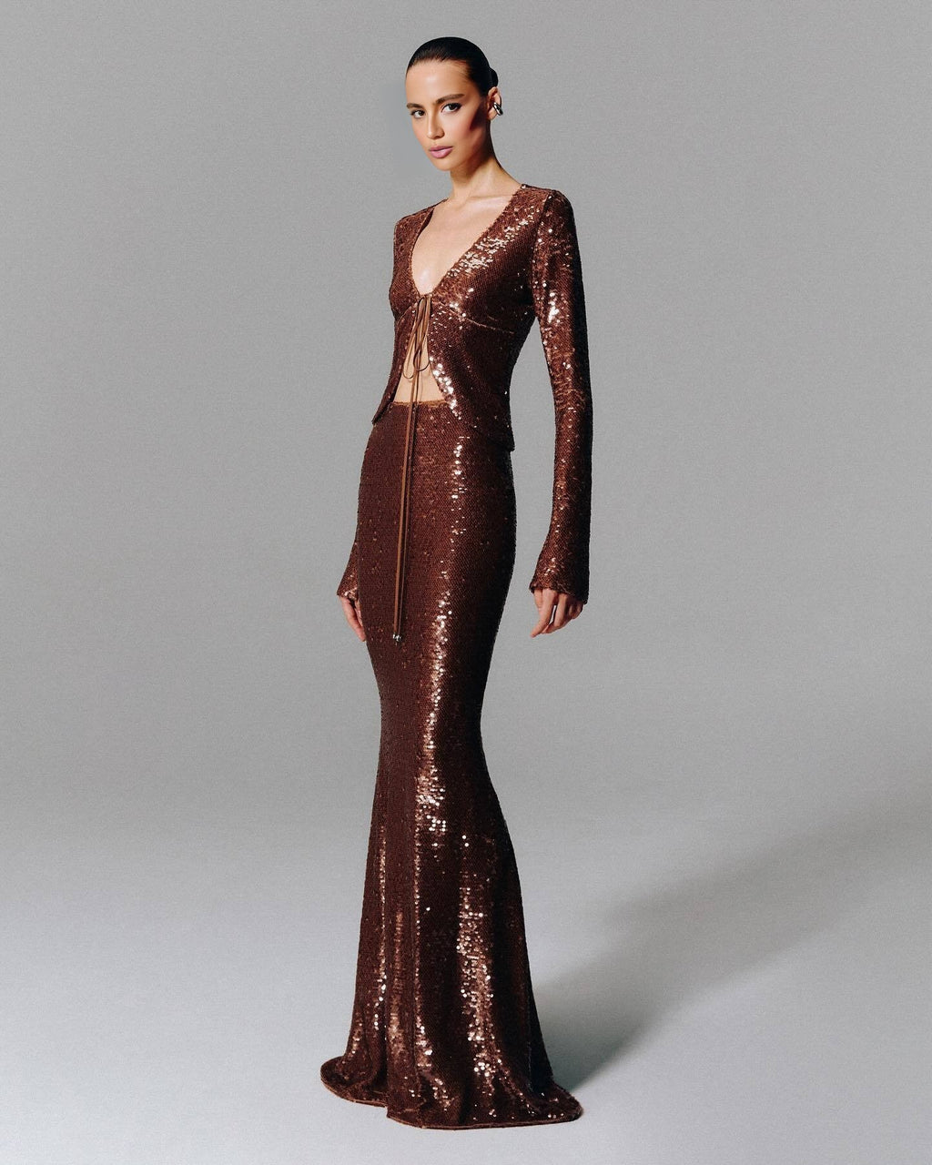 Luxury Bronze Sequin Tie-Front Two-Piece Mermaid Evening Set