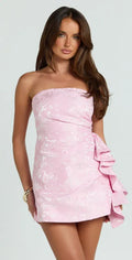 Laila Mini Dress - Pink Jacquard Strapless Slim-Fit A-Line Dress