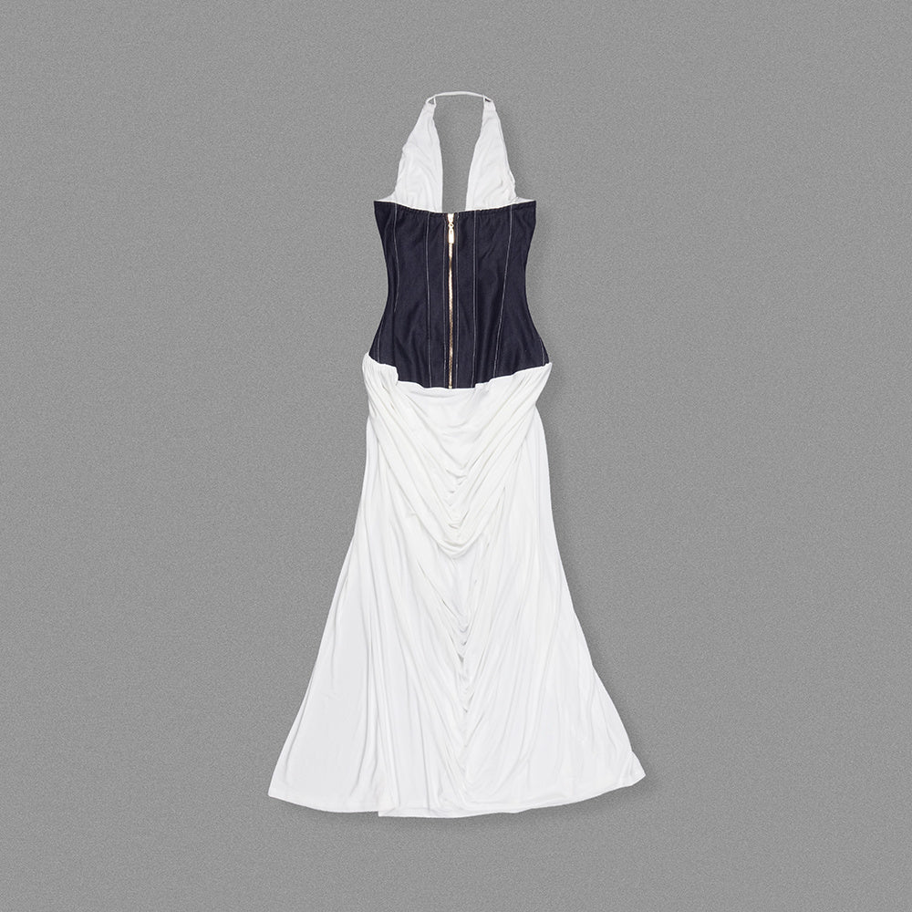 White Halter Deep V Denim Corset Draped Maxi Gown