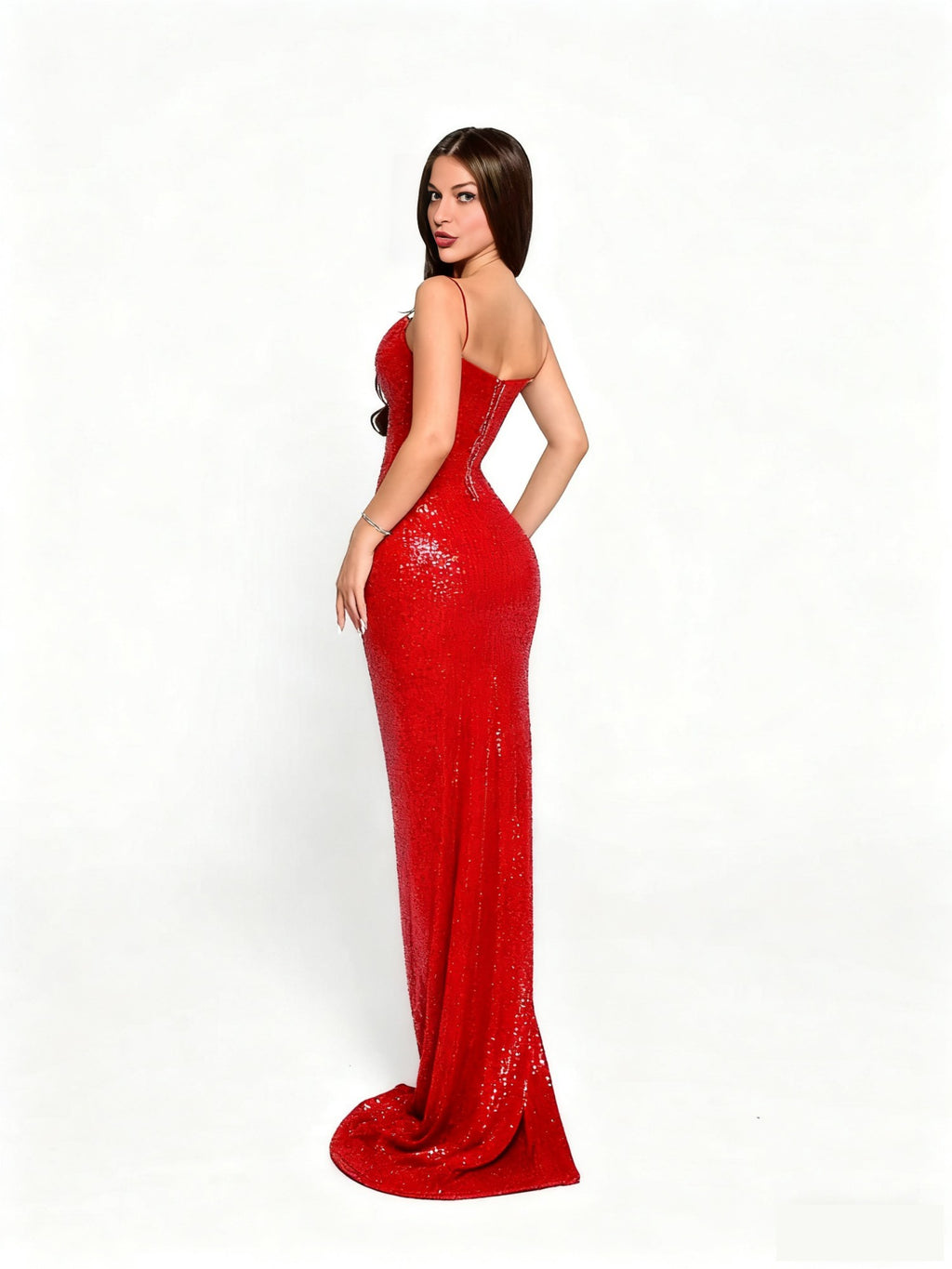 Luxury Red Sequin Spaghetti Strap Twist Front Slit Evening Gown