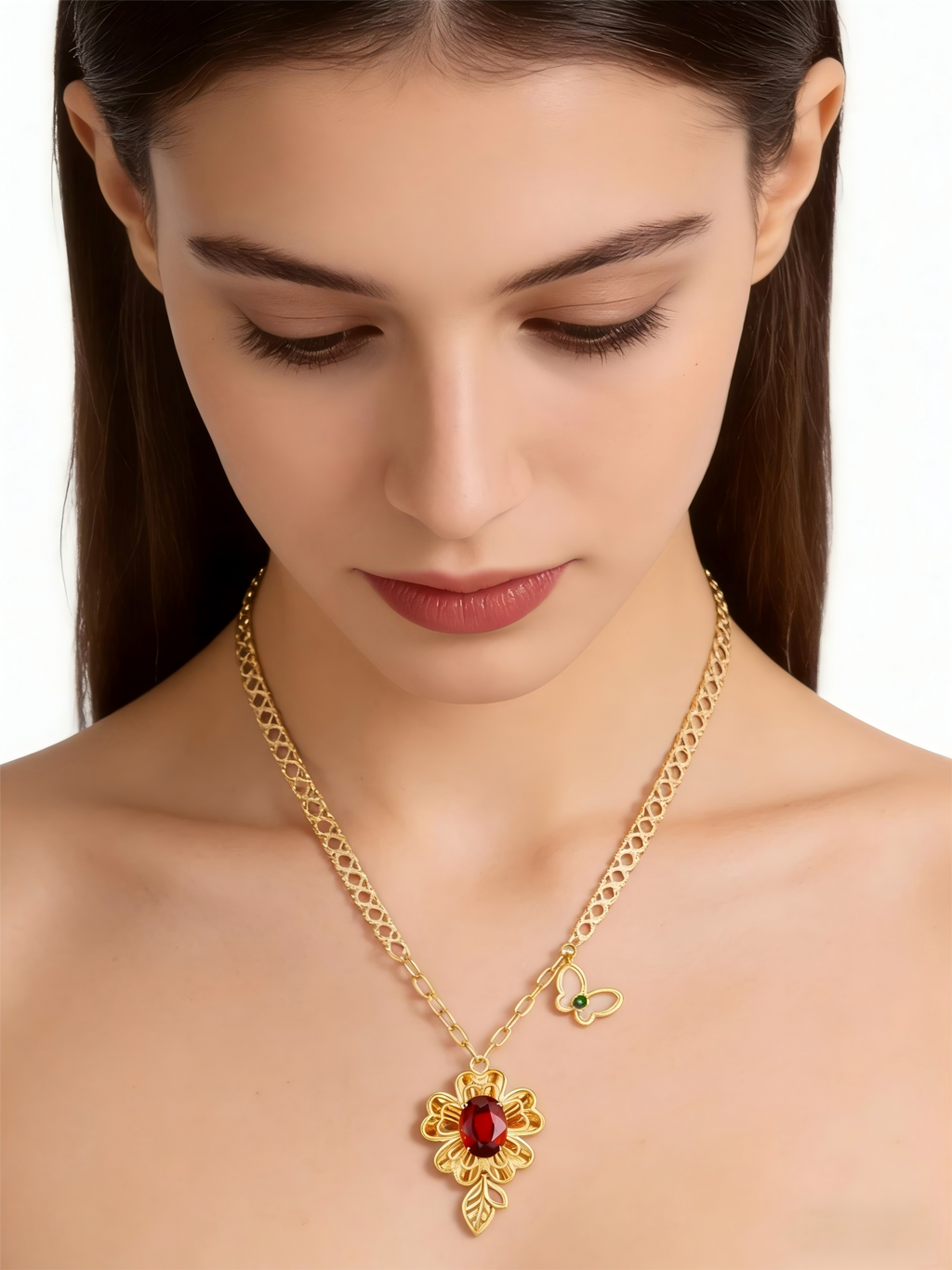 "Plum Bossom" Collection 18K Yellow Gold Garnet Pendant Necklace