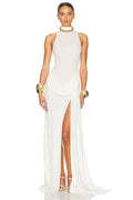 White Halter Neck Draped Waist Train Gown
