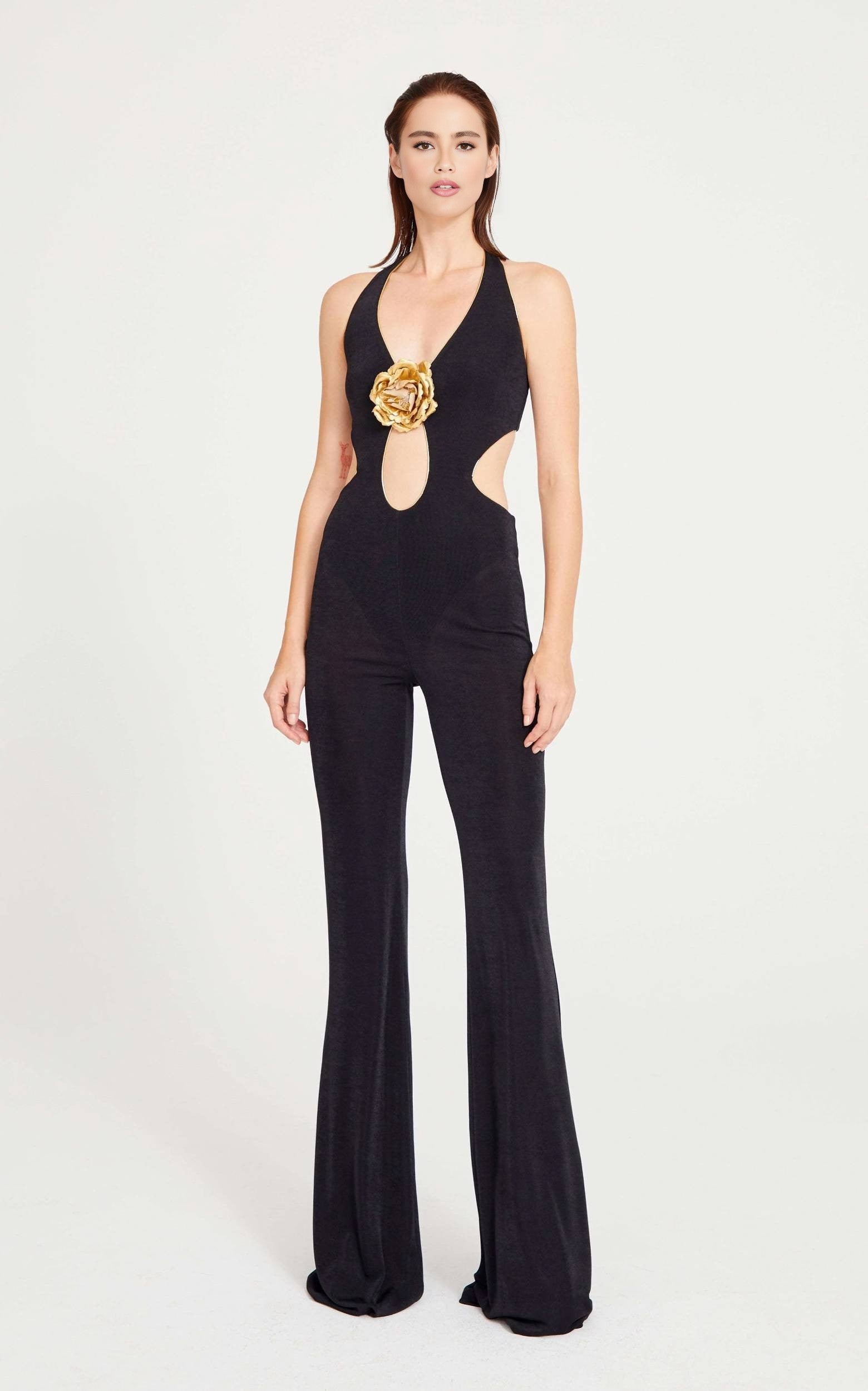 Black Halter Neck Cutout Wide-Leg Jumpsuit with Gold Rose Embellishment