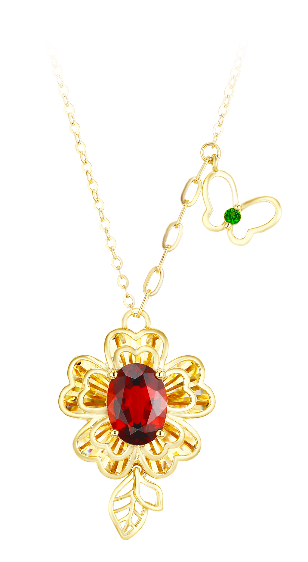 "Plum Bossom" Collection 18K Yellow Gold Garnet Pendant Necklace