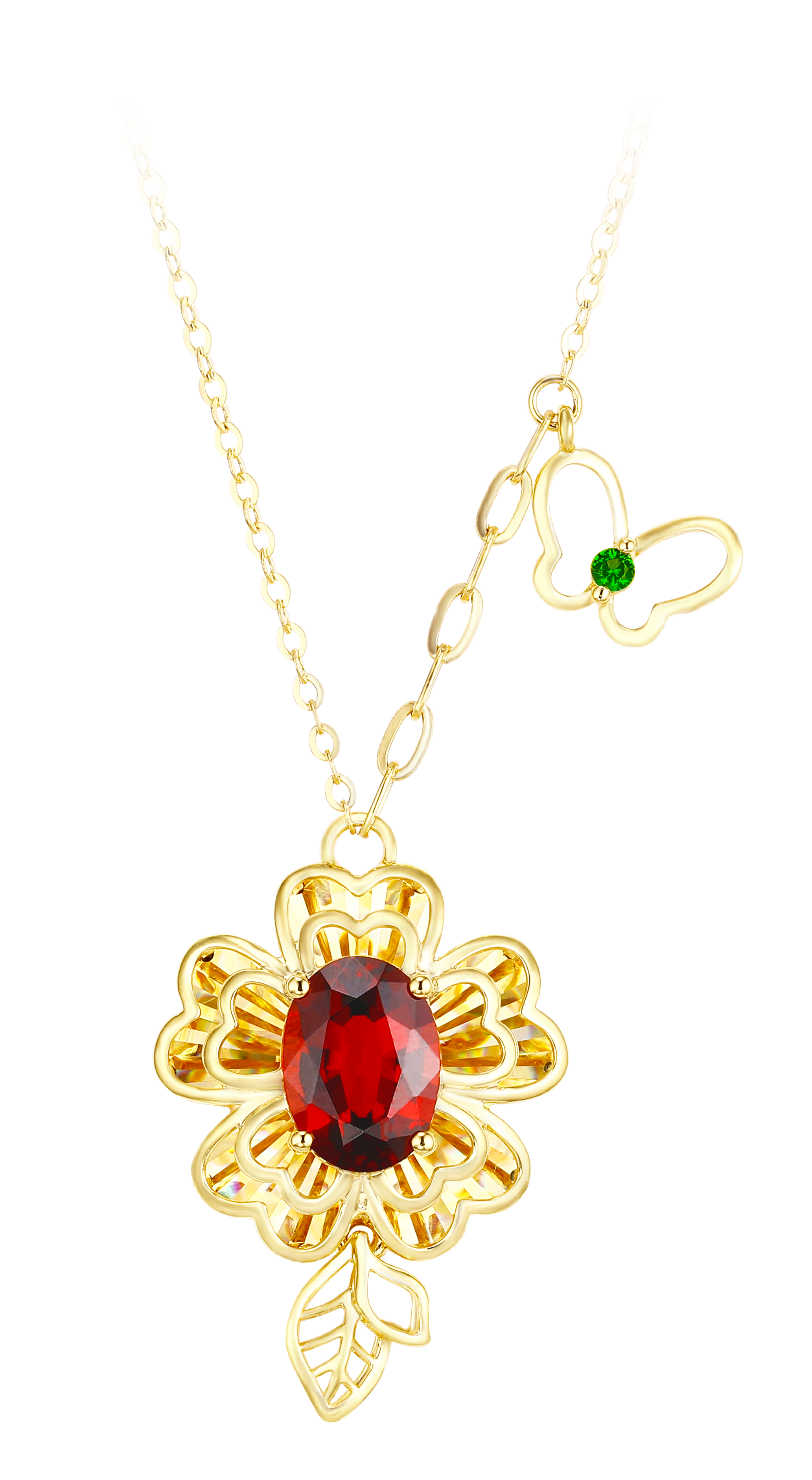 "Plum Bossom" Collection 18K Yellow Gold Garnet Pendant Necklace
