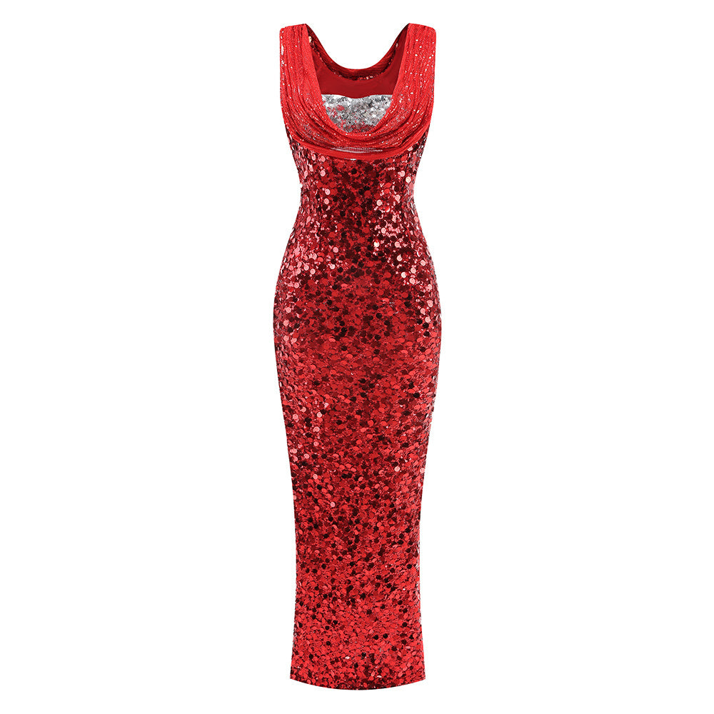 Crimson Sequin Cowl-Neck Gown