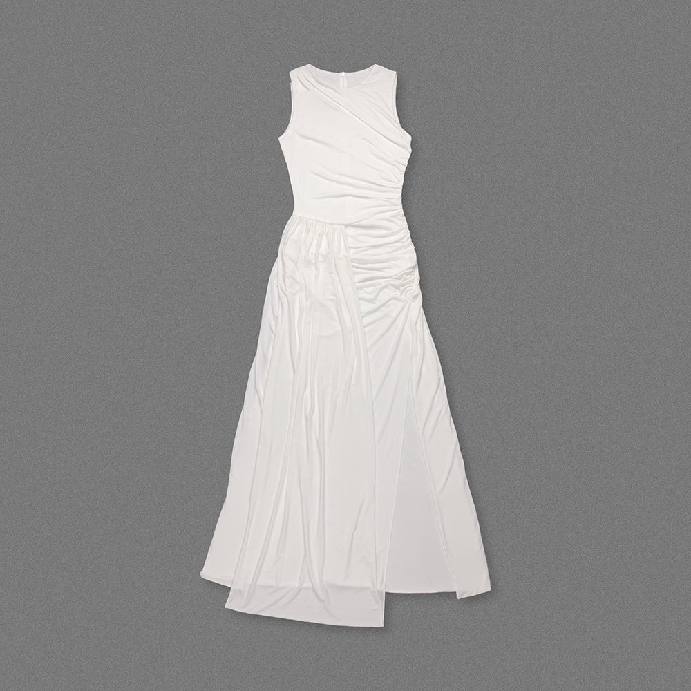 White One-Shoulder Ruched Draped Maxi Gown