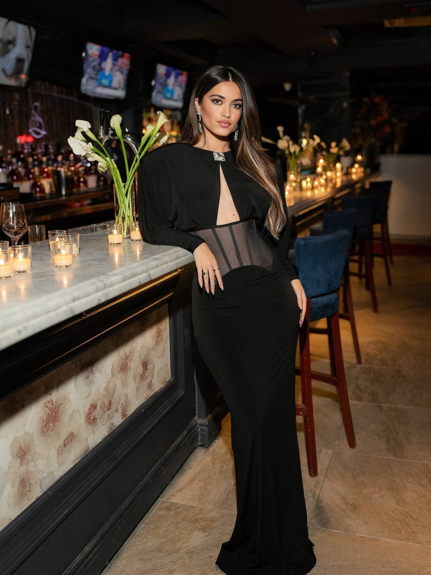 Black Puff-Sleeve Cutout Mesh-Corset Maxi Gown