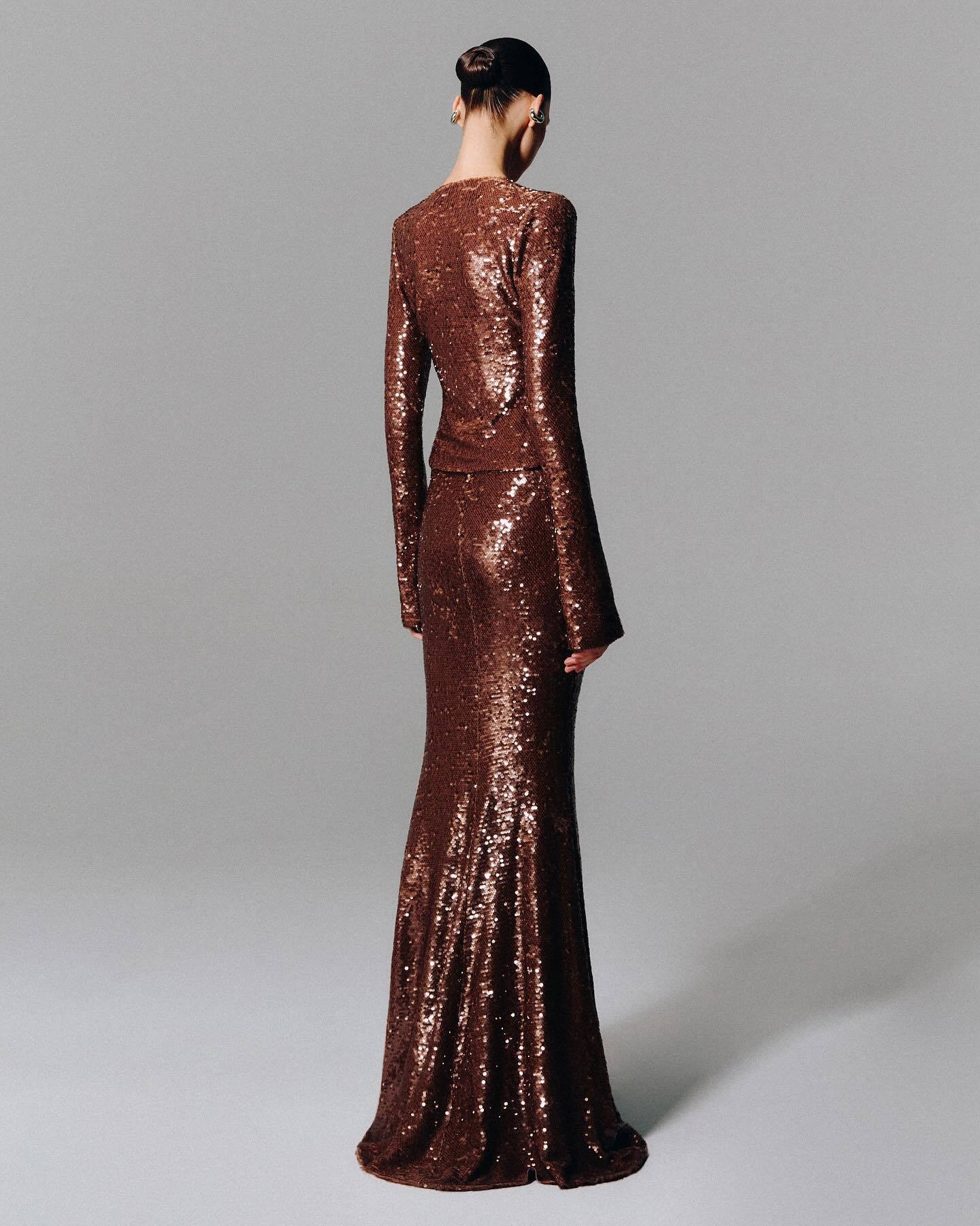 Luxury Bronze Sequin Tie-Front Two-Piece Mermaid Evening Set