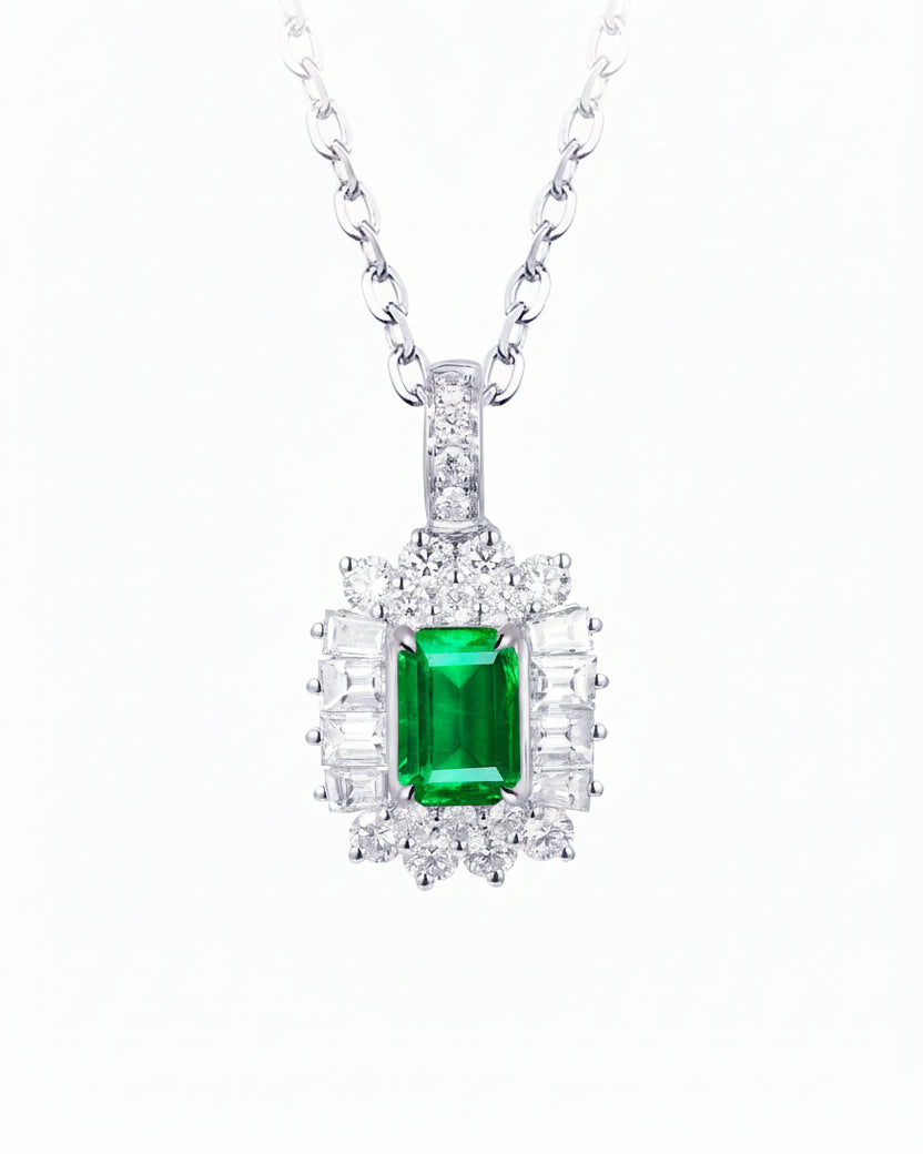 18K White Gold Emerald Diamond Pendant Necklace