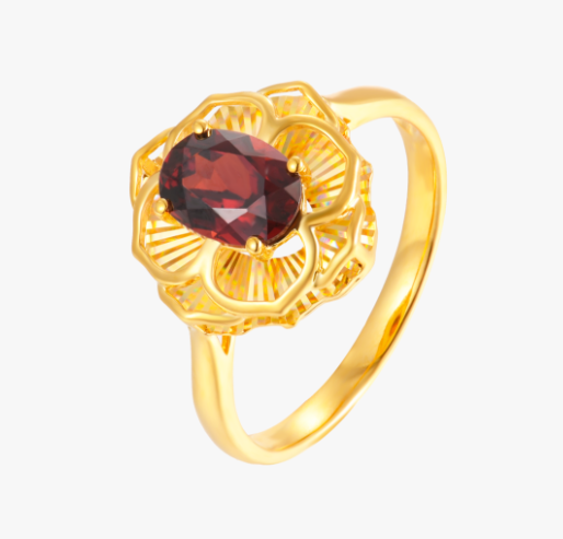 18K Yellow Gold Garnet Zircon Ring "Attracting Wealth and Good Fortune"