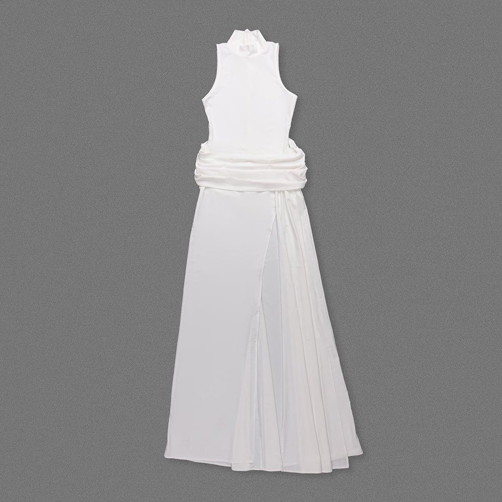 White Halter Neck Draped Waist Train Gown