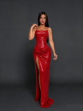 Luxury Red Sequin Spaghetti Strap Twist Front Slit Evening Gown