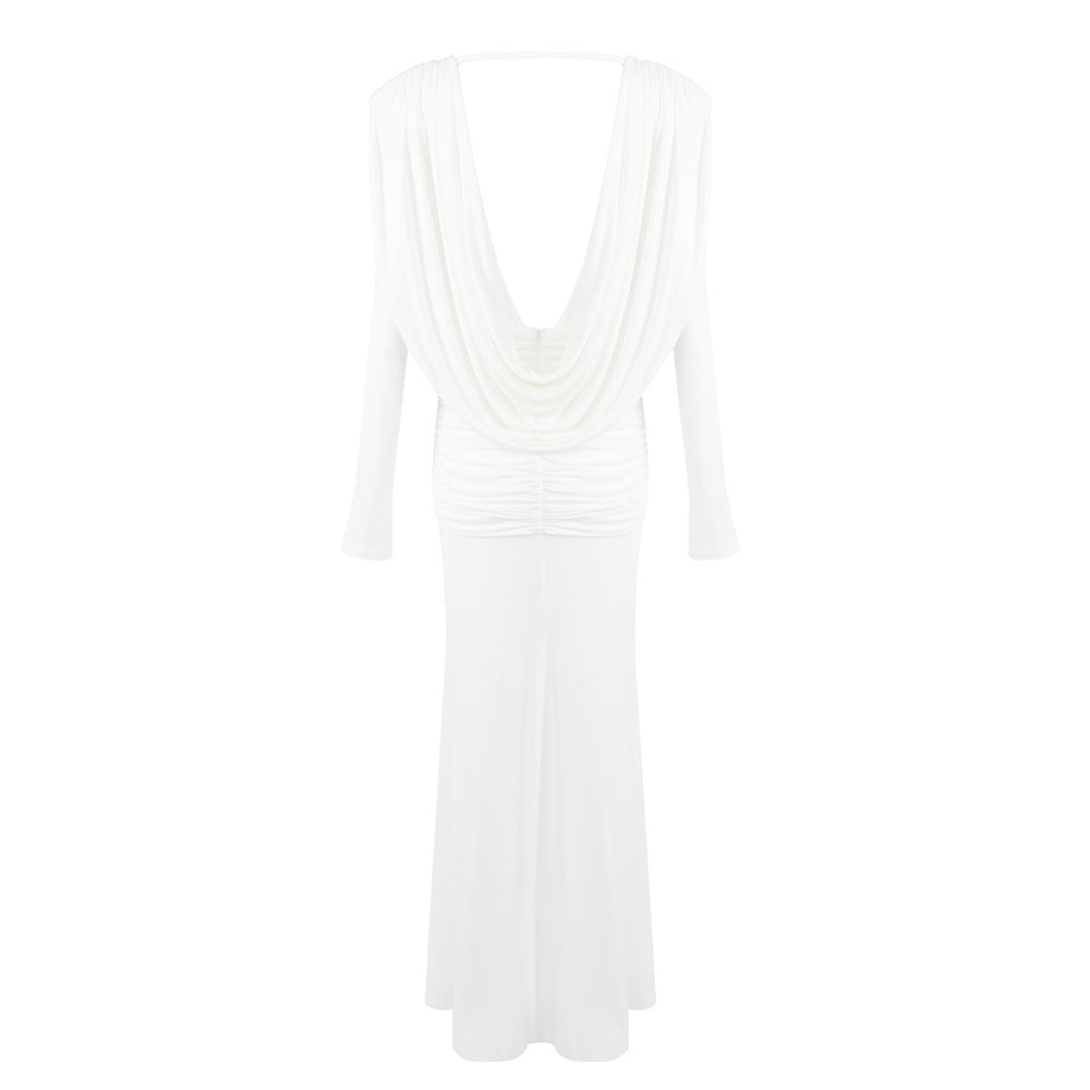 White Draped Cowl-Neck Mermaid Gown