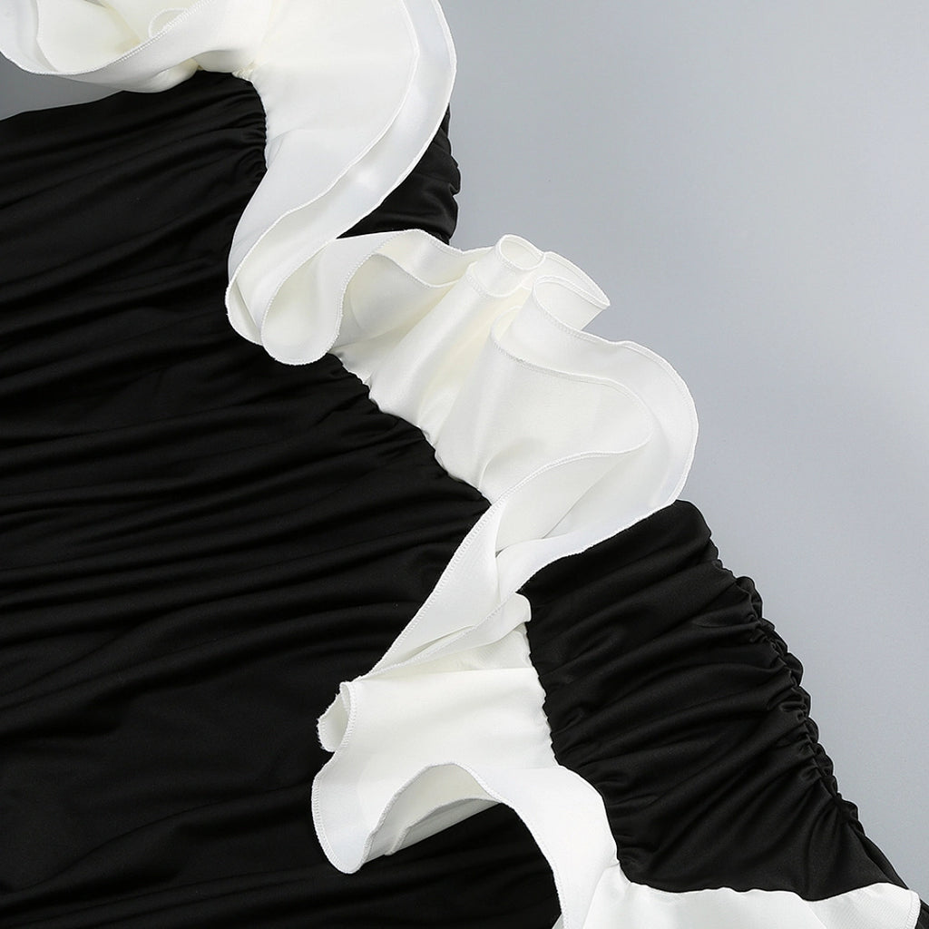 Black Satin A-Line Evening Gown with Sequin V-Neck & Chapel Train