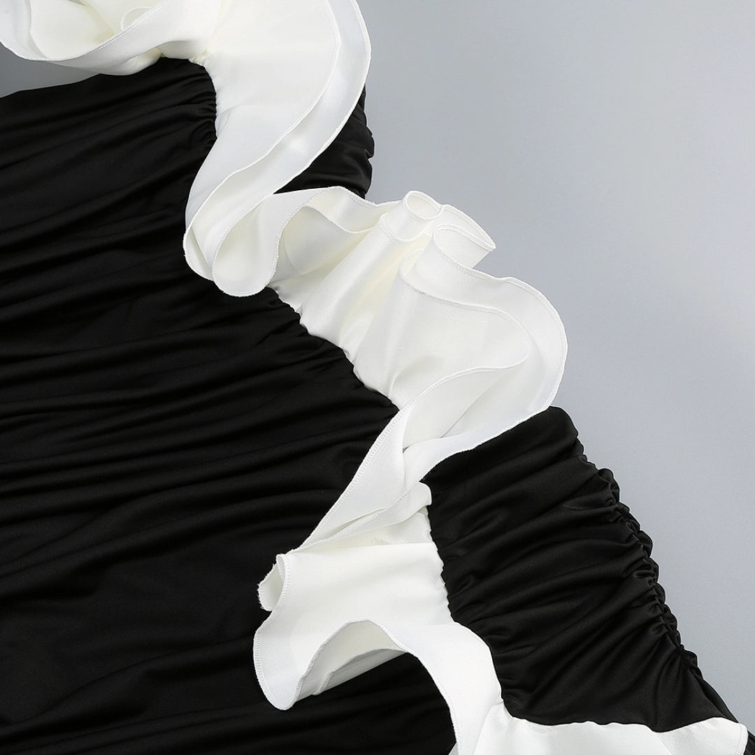 Black Satin A-Line Evening Gown with Sequin V-Neck & Chapel Train