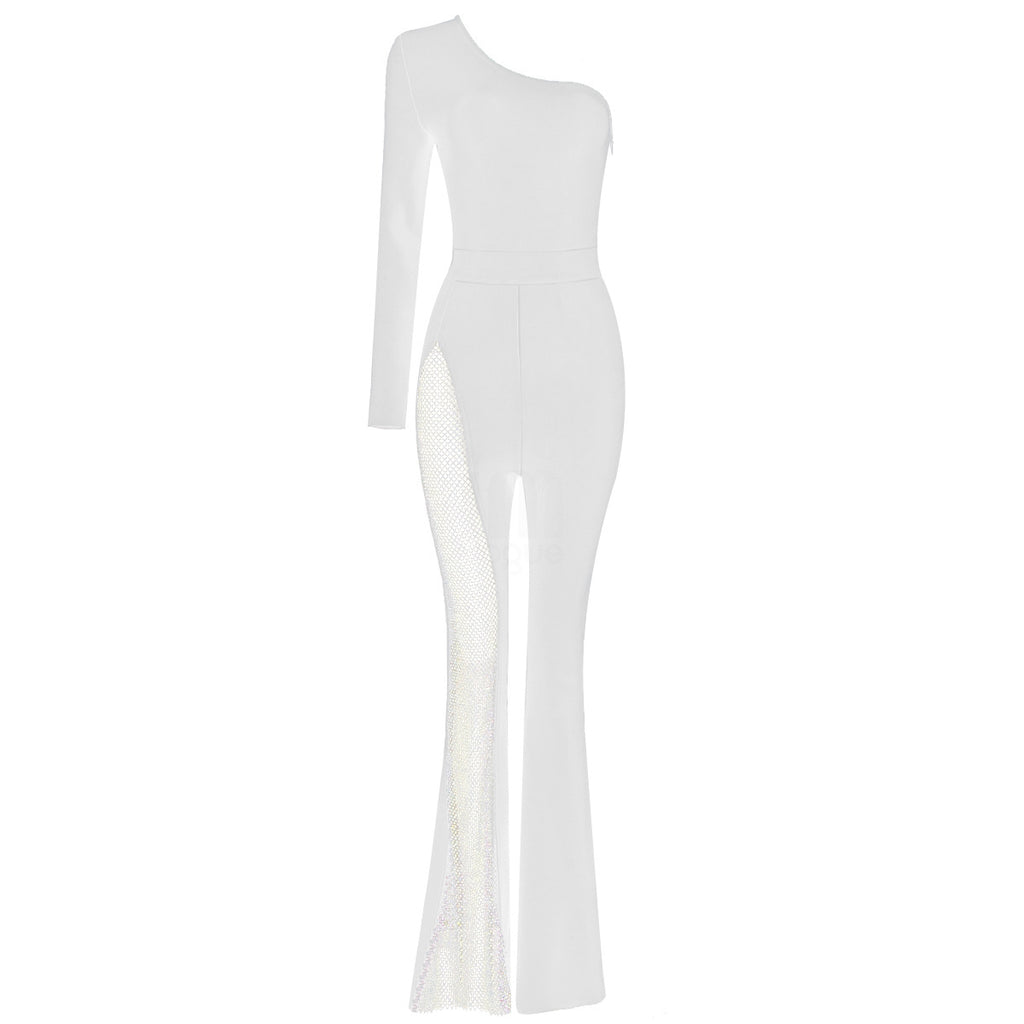 Luxury One-Shoulder Mesh Panel Flared Jumpsuit (Black/White/Red/Green)