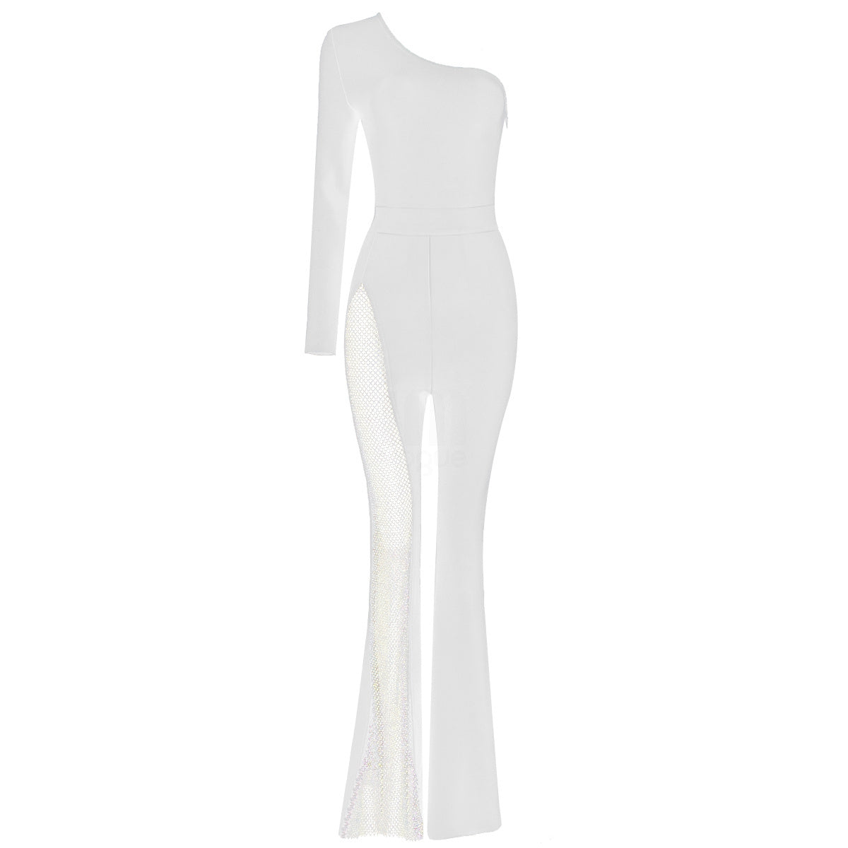 Luxury One-Shoulder Mesh Panel Flared Jumpsuit (Black/White/Red/Green)