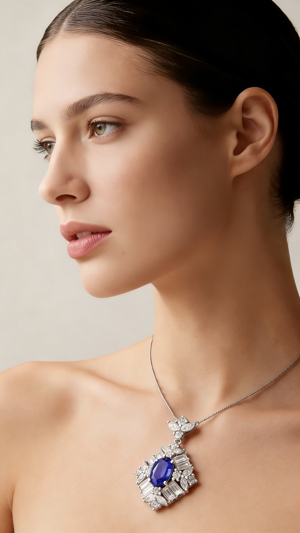 18K White Gold Sapphire Diamond Pendant Necklace