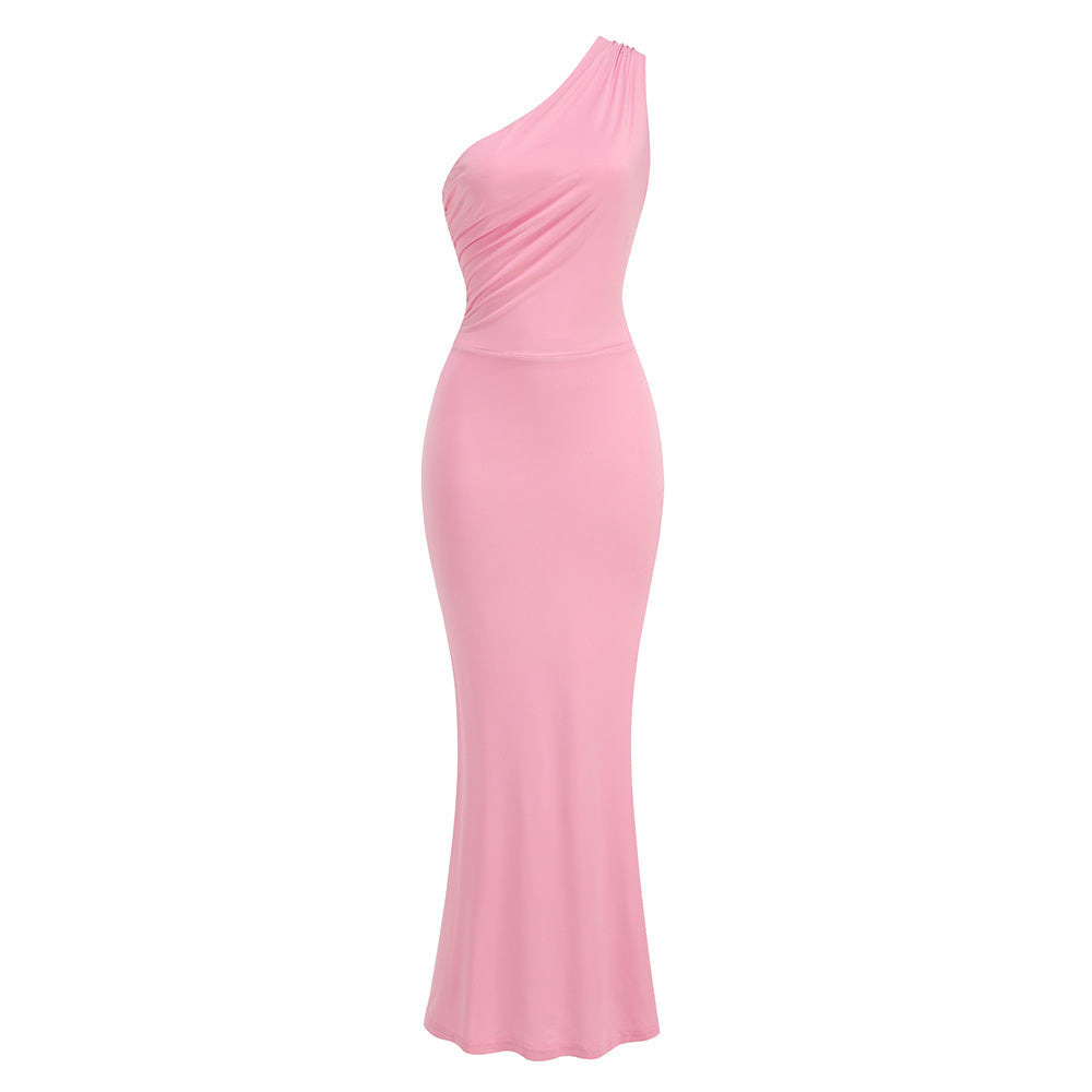 Blush Pink One-Shoulder Midi Gown