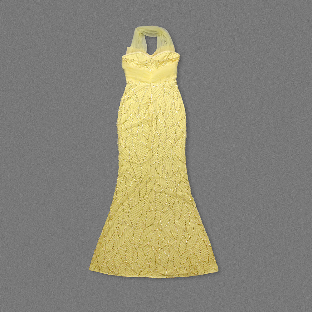Yellow Halter Gown with Bow Detail & Beaded Sequin Embellishment