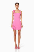 Pink 3D floral square-neck mini dress