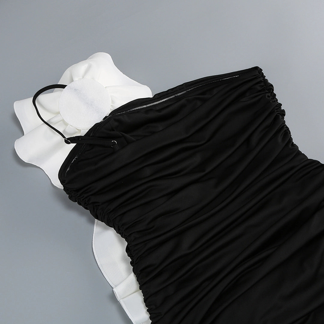 Black Satin A-Line Evening Gown with Sequin V-Neck & Chapel Train