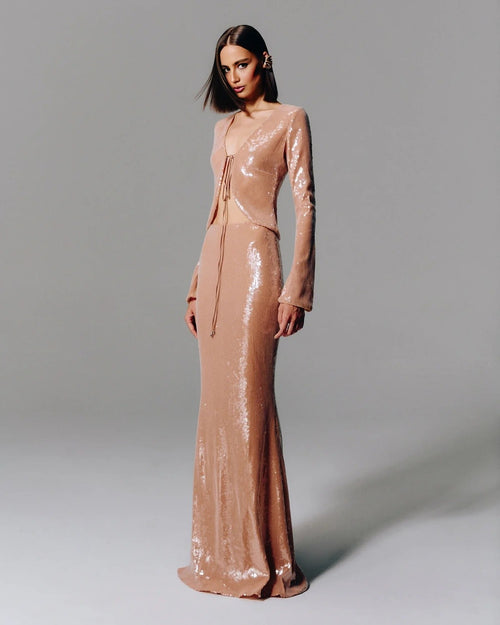 Luxury Bronze Sequin Tie-Front Two-Piece Mermaid Evening Set