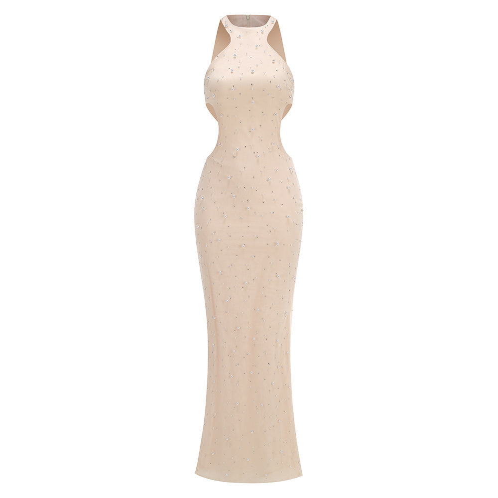 Ivory Halter Neck Pearl-Embellished Mermaid Gown