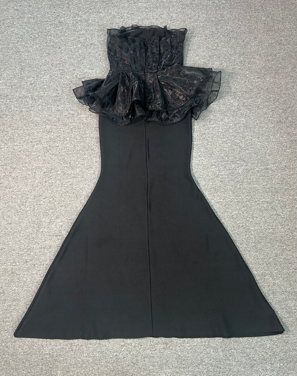 Black Strapless Tulle Ruffle Peplum Mermaid Gown