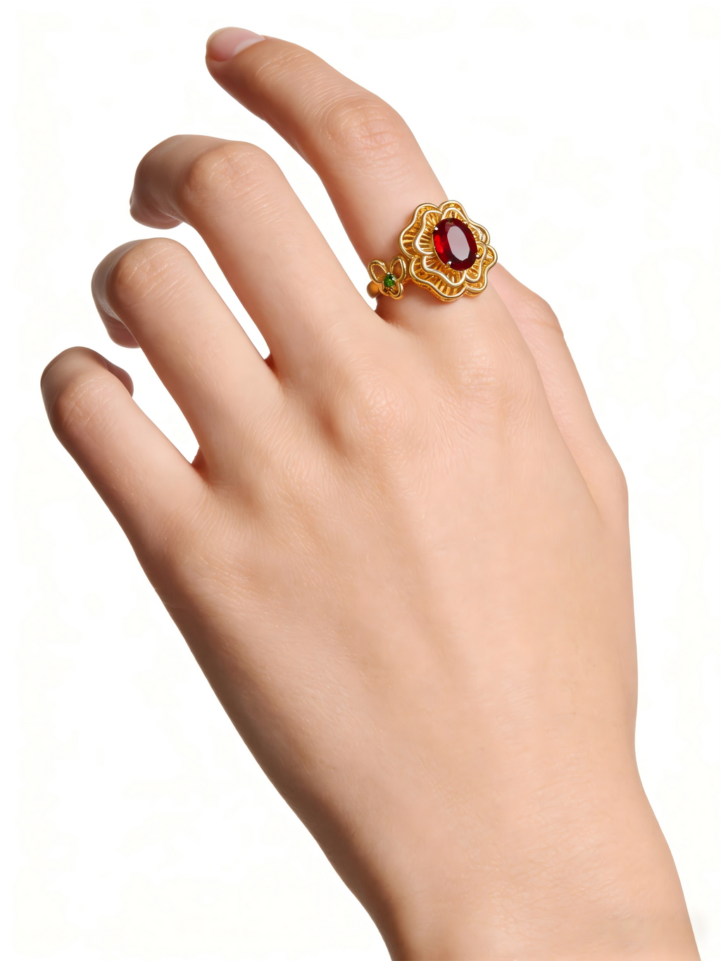 "Plum Bossom“ Collection 18K Yellow Gold Garnet Peony Ring for Women – Item No.: S-DAA43292