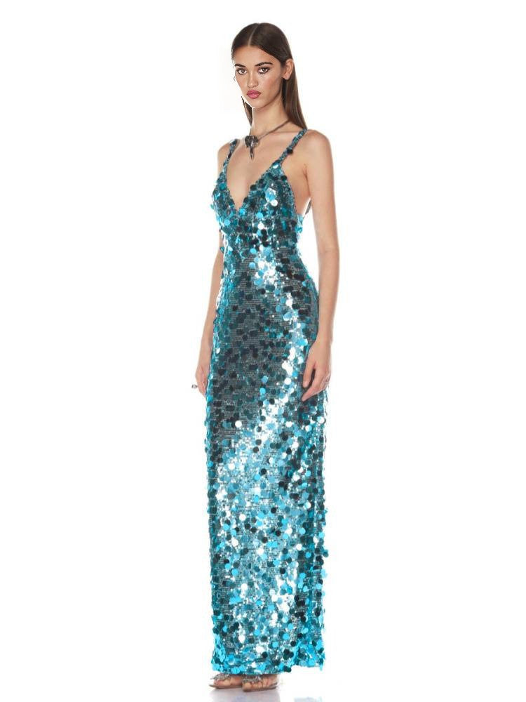 Aquamarine Sequin V-Neck Backless Maxi Gown